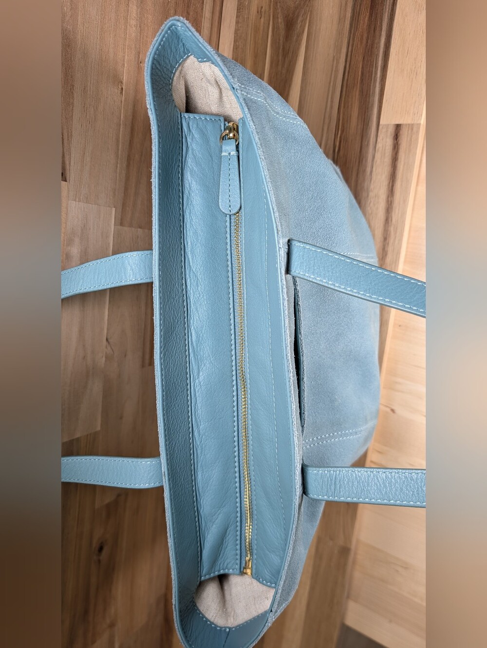 UGG Powder Blue Suede Tote with Gold Logo - Picture 3 of 15